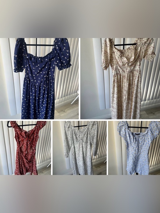 Dresses & Skirts - Mixed Floral Midi Dress Collection - Navy, Cream, Red, Gray, Blue (5 Dresses)